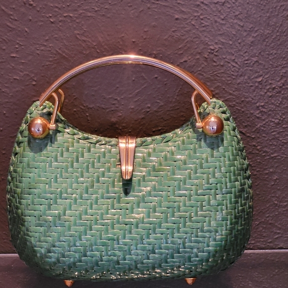 RODO vintage 70s green wicker crescent shaped handbag - Picture 4 of 11